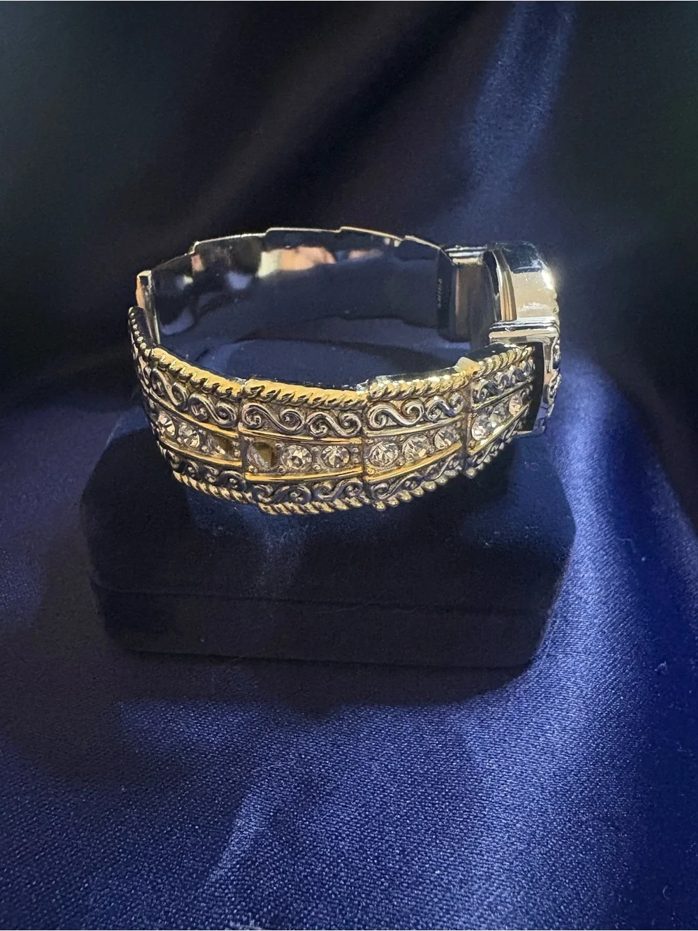 Watch Gold & Silver Tone Ornate Rhinestone Accent Quartz Link Bracelet